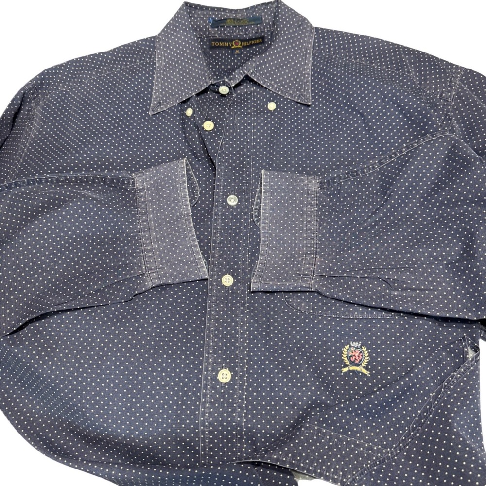VTG Tommy Hilfiger Button  Men Medium Navy Polka Dot distressed Crest Logo Shirt